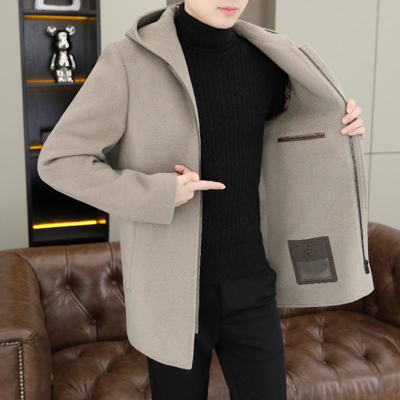 纯羊毛连帽双面呢外套冬款男士时尚休闲中长款可脱卸兔毛内胆大衣