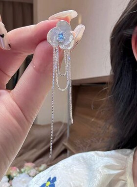 超仙甜美蓝锆石山茶花流苏耳环女