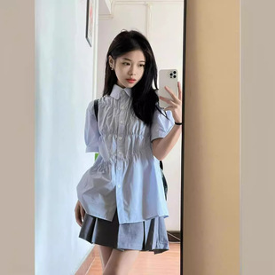 学院风甜美宽松纯色衬衣韩系感 欧洲站套装 女蓝色短袖 衬衫 女夏季