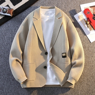 针织开衫夹克男秋冬款西服领毛衣外套男青少年韩版潮流小西装褂子