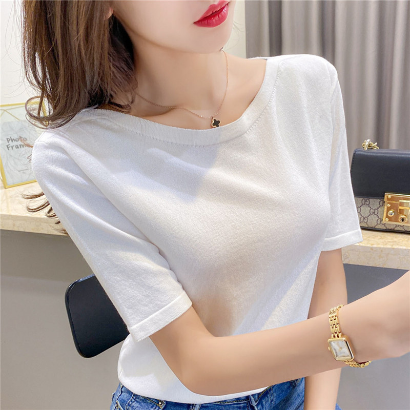 冰丝针织短袖打底衫女内搭2022年春秋季新款一字领百搭修身上衣薄