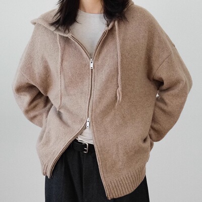 极细黄金棉羊毛连帽拉链针织毛衣