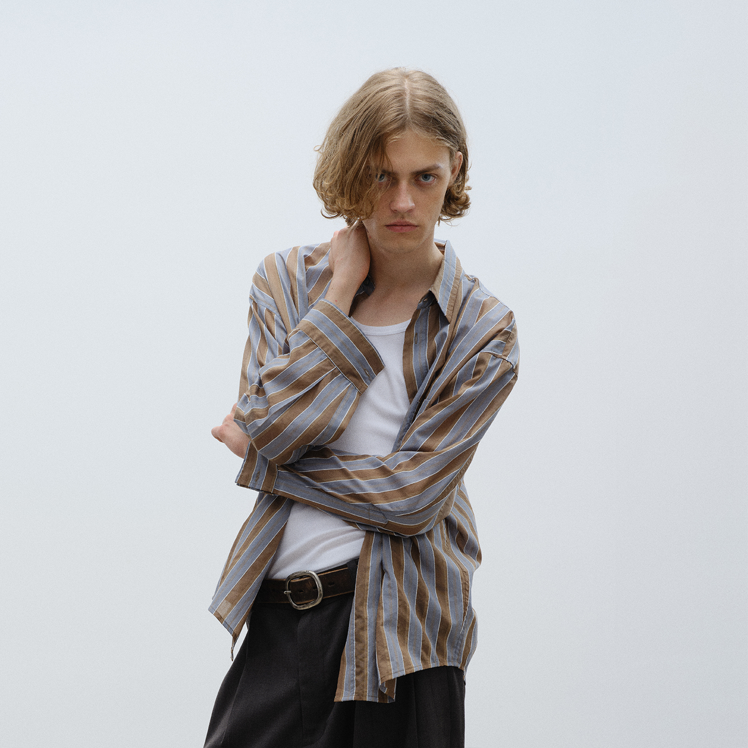 缎面复古大廓形条纹色织长袖衬衫