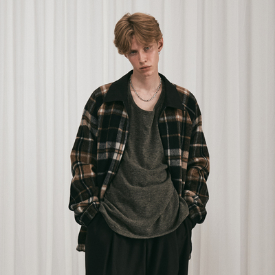 羊驼毛翻领廓形格纹夹克