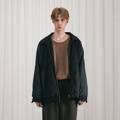 深蓝色廓形拼接复古棉服