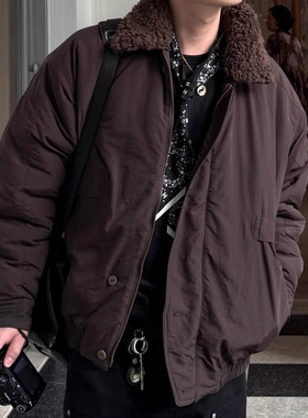 HUNTINGOLD冬季限定可拆卸羊毛领御寒复古宽松休闲羊毛棉服1533