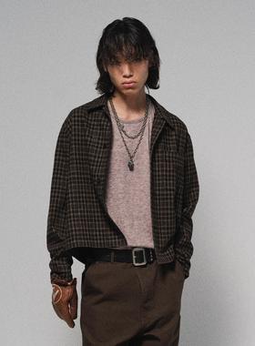HUNTINGOLD秋冬羊毛格纹衬衫手工四粒扣复古短身夹克宽松百搭1533