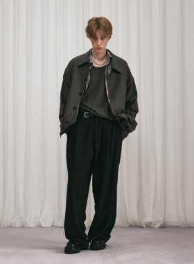 HUNTINGOLD双褶立裁复古大廓形宽松休闲垂感纯黑直筒西裤1533