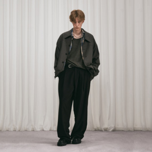 HUNTINGOLD双褶立裁复古大廓形宽松休闲垂感纯黑直筒西裤1533