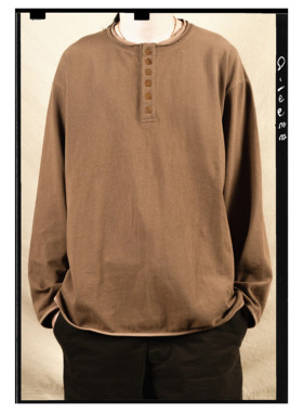 HUNTINGOLD复古日系宽松休闲果实扣纯棉亨利领古着长袖T恤1533