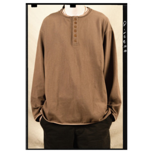 HUNTINGOLD复古日系宽松休闲果实扣纯棉亨利领古着长袖T恤1533