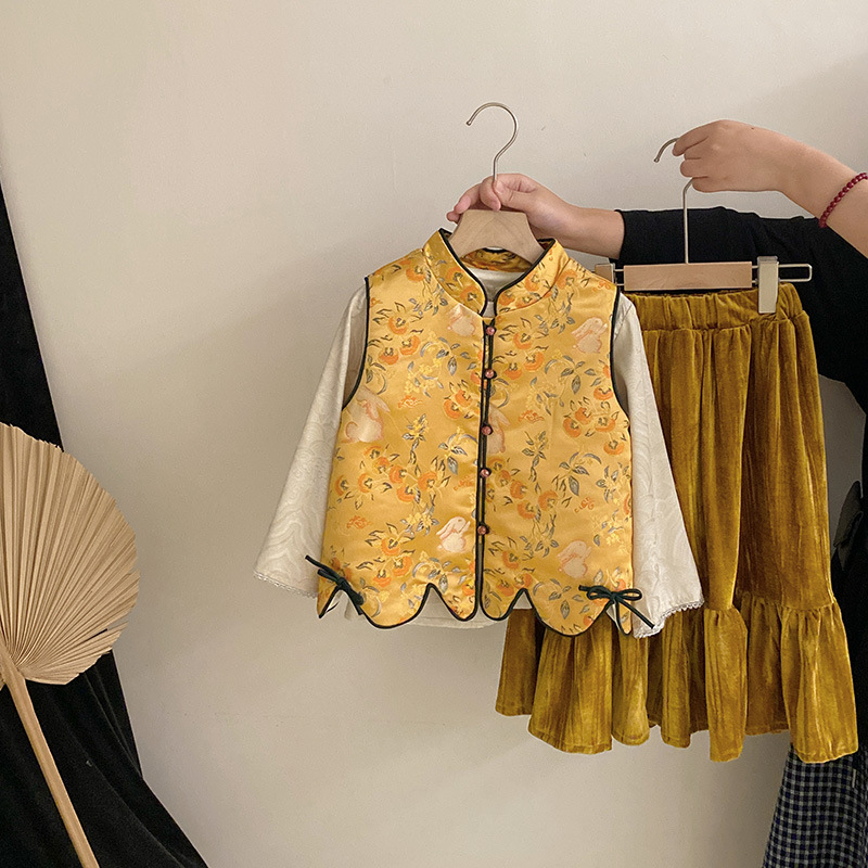 女童2025秋季新款新中式马甲提花立领马甲打底衫半身裙子三件套潮