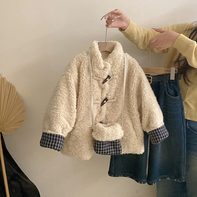 女童韩系秋冬2025新款洋气加绒加厚毛毛上衣外套包包中大童外套潮