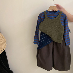 韩版女童套装秋装潮流针织马甲条纹打底衫屁帘阔腿裤四件套