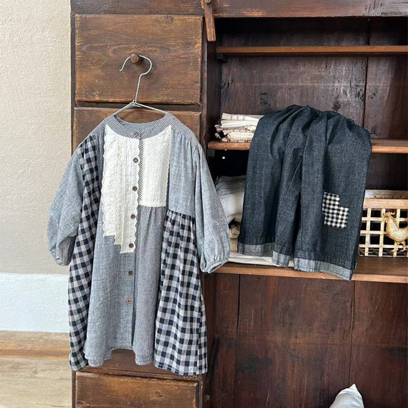 女童秋季新款文艺拼接花边衬衫格子设计感上衣休闲阔腿裤两件套潮