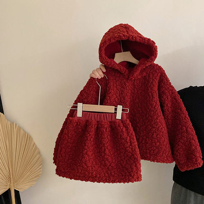 【安安家】女童冬季加绒毛毛连帽外套毛毛加绒裙子两件套R26001