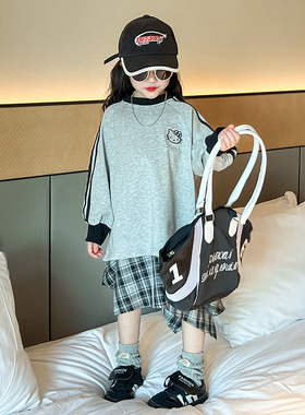 R24471春季新款百搭洋气三条杠KT猫卫衣小众不规则格子半身裙套装