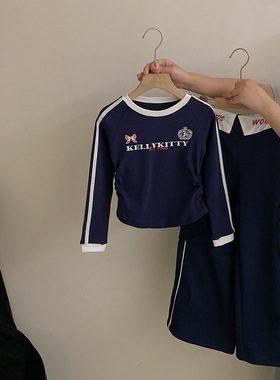 【安安家】女童韩版印花条纹上衣休闲洋气字母阔腿裤两件套R25453