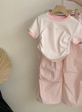 【安安家】女童韩版刺绣字母拼接短袖宽松休闲工装裤两件套R25353