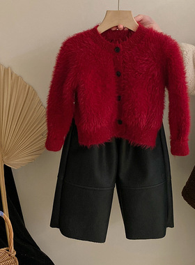女童气质仿水貂绒红色针织毛衣开衫2024秋冬新款加绒保暖皮裤套装