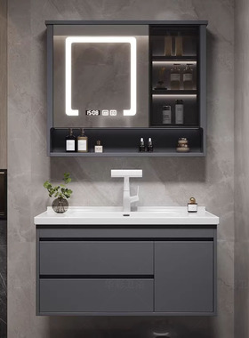 灰色橡木烤漆浴室柜陶瓷一体盆洗手盆洗脸池收纳柜卫生间洗漱台