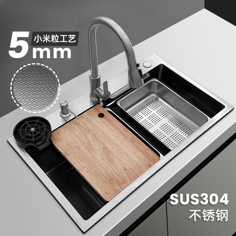 小米粒sus304不锈钢原色水槽特厚大单槽厨房洗菜池洗碗盆沥水篮