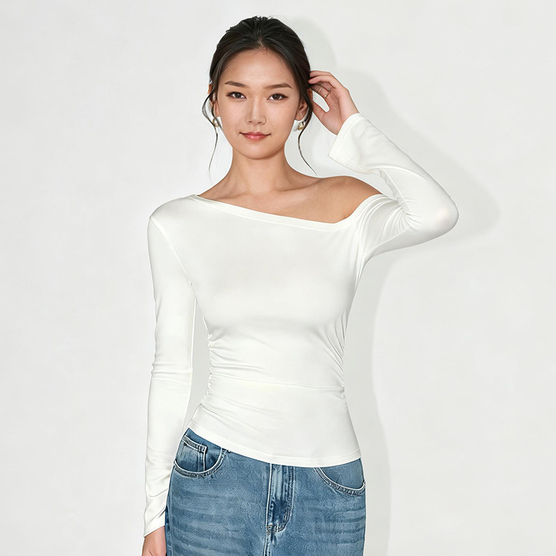 斜肩长袖T恤女修身收腰显瘦露肩喇叭袖设计感打底衫内搭短款上衣,女装/女士精品,T恤,淘宝优惠券,粉丝福利购,淘宝优惠卷