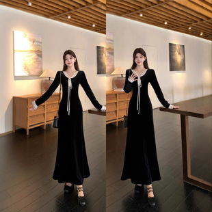 精品女装冬大码气质裙子女蕾丝拼接黑色小个子长款丝绒连衣裙时尚