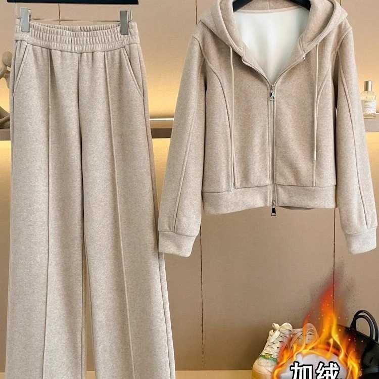加绒休闲运动套装女秋冬装2025新款宽松显瘦连帽卫衣阔腿裤两件套