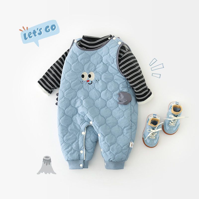 婴儿棉裤秋冬装新款男女宝宝夹棉刺绣连体衣新生儿无袖加绒背带裤