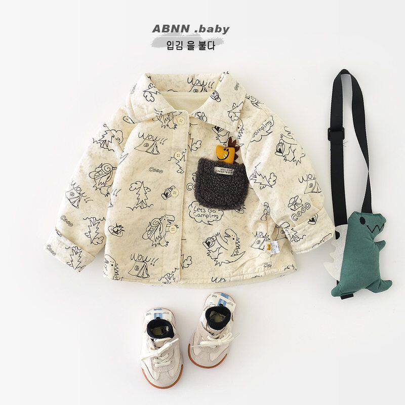 男宝宝秋冬款衬衫冬季新款婴幼儿加绒厚衬衣一岁儿童卡通恐龙外套