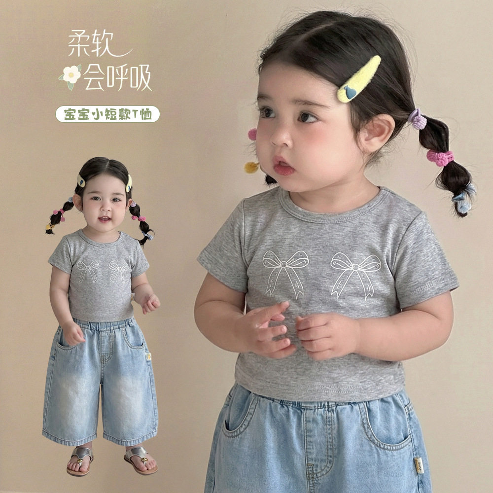 女童纯棉短袖T恤夏季新款女宝宝修身蝴蝶结印花半袖打底衫婴儿t恤