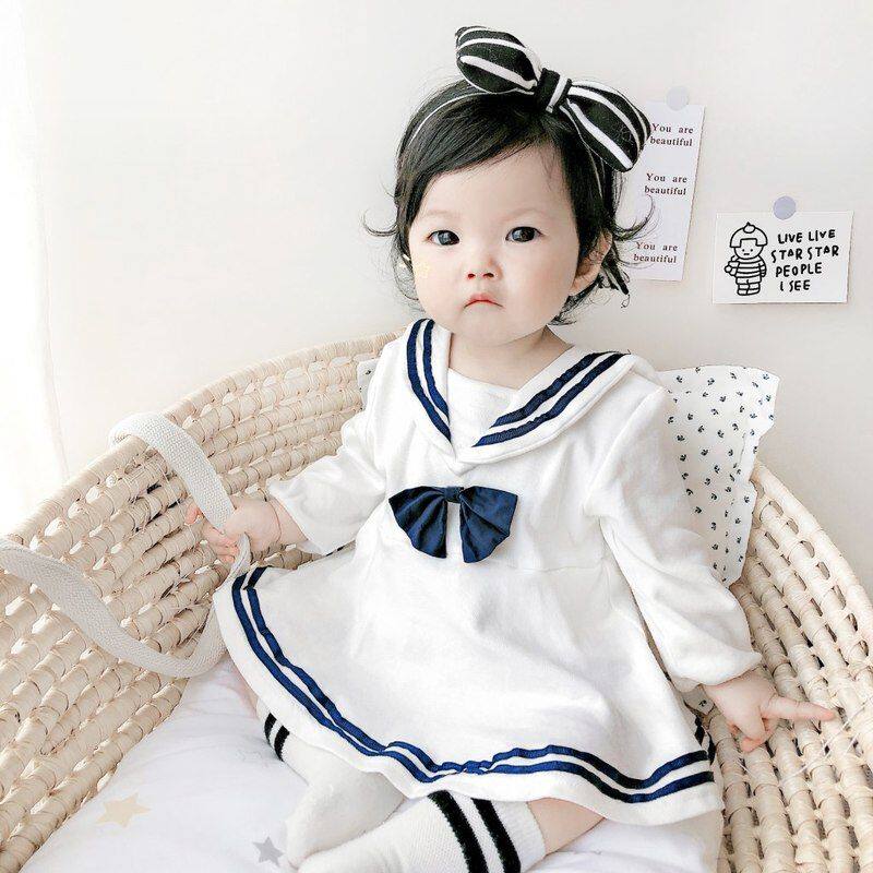 婴儿纯棉衣服春季新款女宝宝洋气海军领蝴蝶结包屁裙哈衣长袖爬服