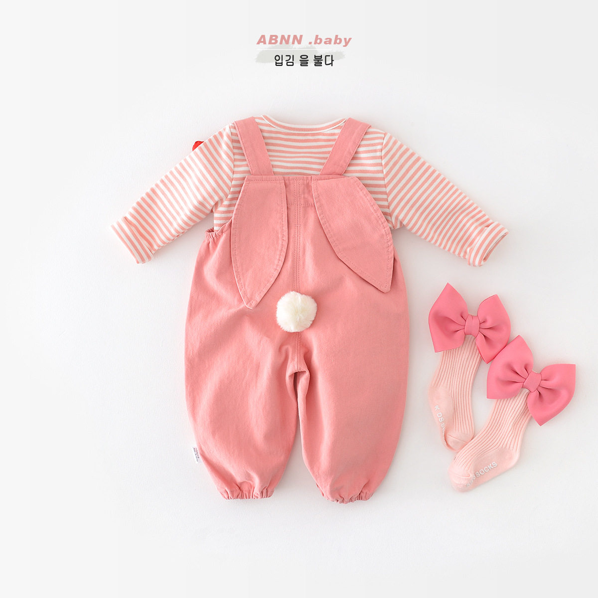 女宝纯棉裤子秋季新款婴儿兔耳朵背带裤春秋装韩版女童卡通休闲裤