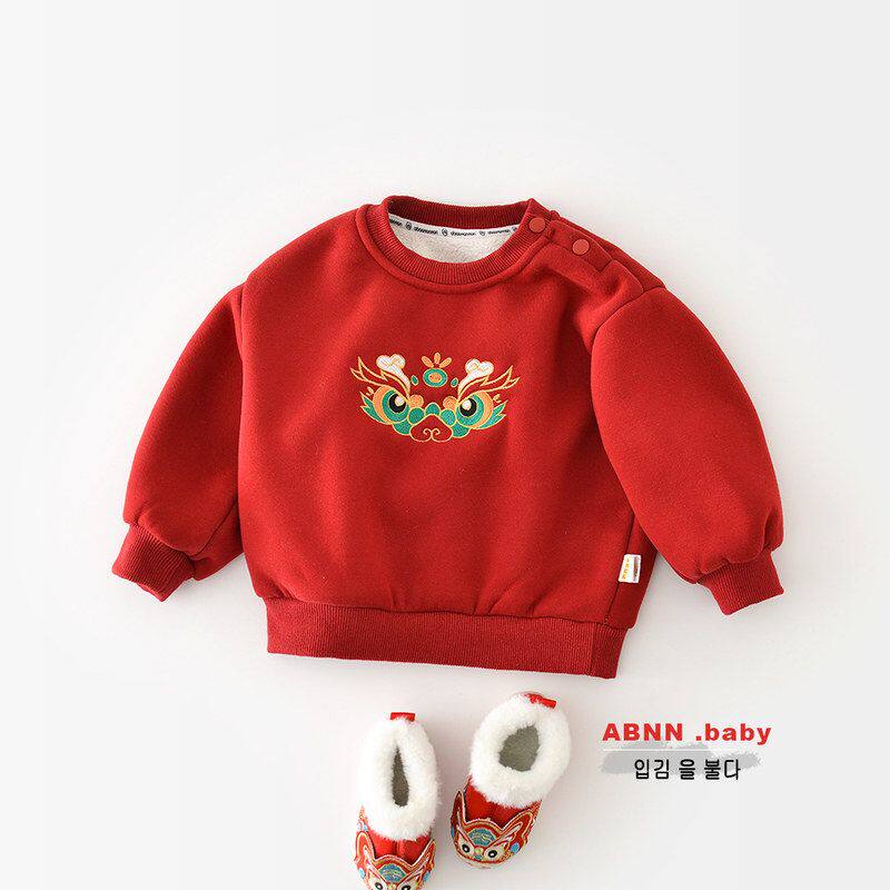 婴儿加绒卫衣冬季新款男宝宝加厚一体绒拜年服儿童喜庆刺绣新年装