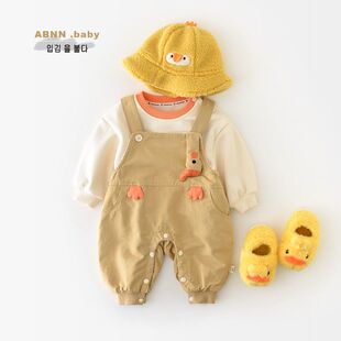 男童套装秋冬装新款小宝宝一体绒卫衣婴幼儿卡通背带裤保暖两件套