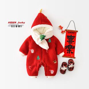 婴儿圣诞衣服男女宝宝冬装加绒连体衣新生儿百天礼服新年装拜年服