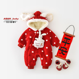 婴儿新年拜年服冬季女宝宝加绒加厚连体衣新生儿百天新年圣诞礼服