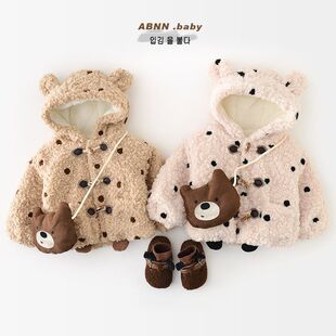 婴儿加厚毛毛衣冬季新款男女宝宝连帽波点羊羔绒外套儿童加绒上衣