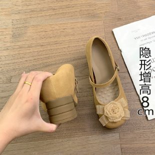 复古风花朵玛丽珍鞋女内增高8cm一字扣浅口单鞋真皮小个子女鞋子