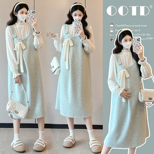 秋冬新款大码孕妇装蝴蝶结毛呢减龄背带裙+蕾丝打底上衣