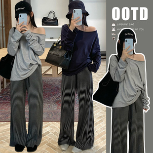 套装 时尚 女 休闲条纹裤 孕妇慵懒风宽松一字肩卫衣
