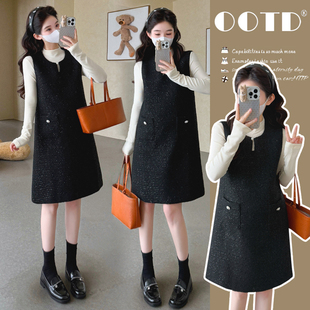 打底衫 孕妇装 中长款 秋冬大码 两件套 小香风背心连衣裙套装