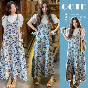 夏季经典印花背带裤孕妇连衣裙休闲甜美九分阔腿裤短袖套装