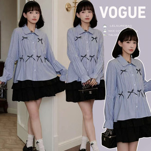 2026春季新款孕妇设计感长袖蝴蝶结外穿宽松衬衫高级短裙两件套