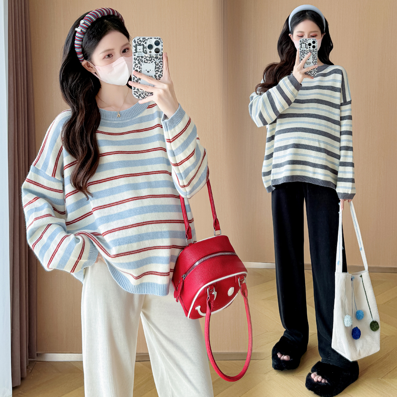 孕妇装圆领条纹毛衣秋冬新款慵懒风休闲宽松显瘦百搭套头上衣