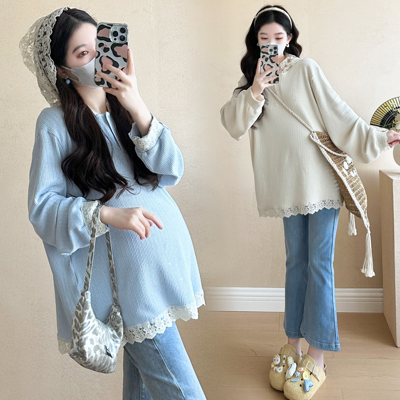 2025秋冬韩版时尚蕾丝绣花拼接金金工艺面料韩版孕妇装