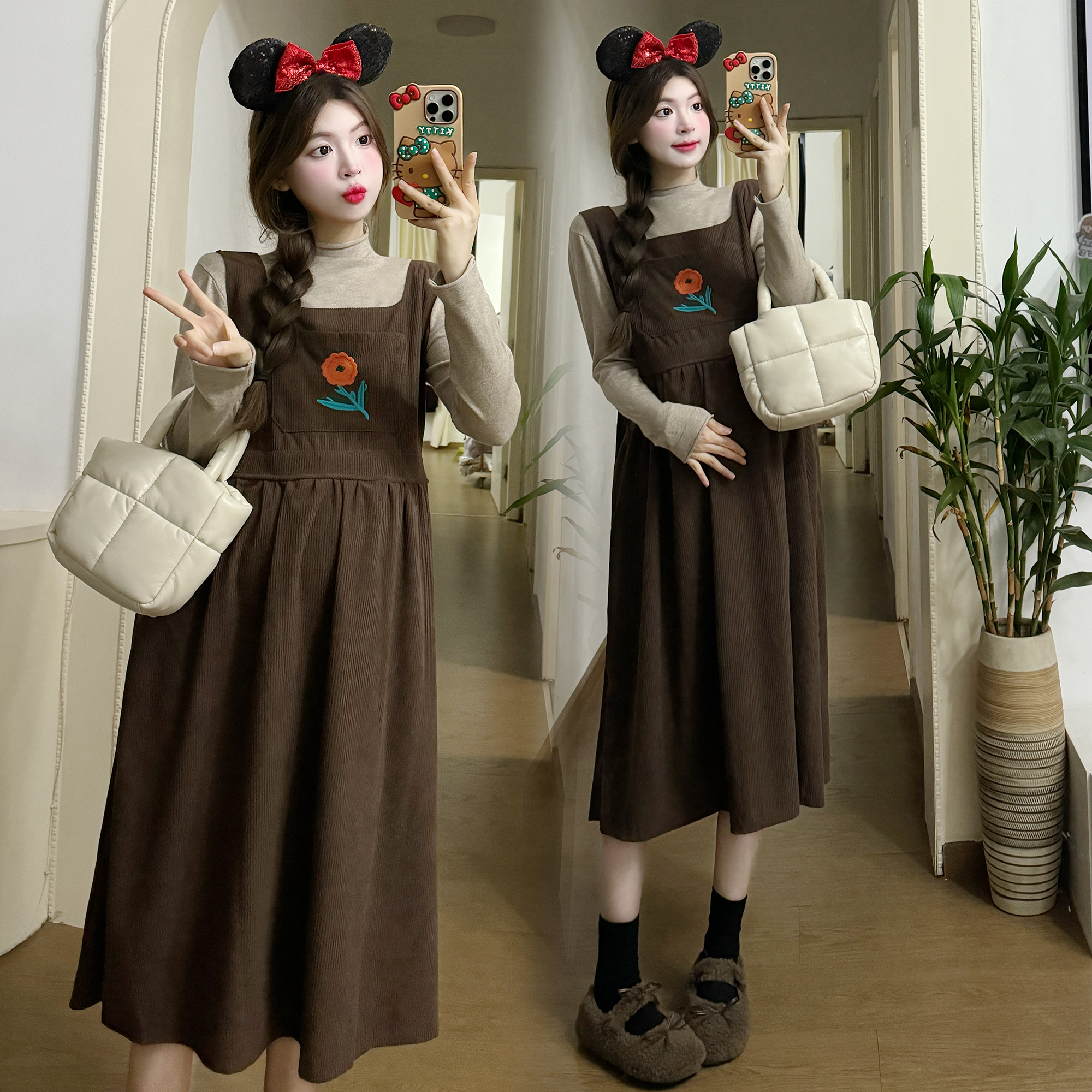 新品2025秋冬韩版宽松刺绣背带裙+打底衫孕妇套装8872