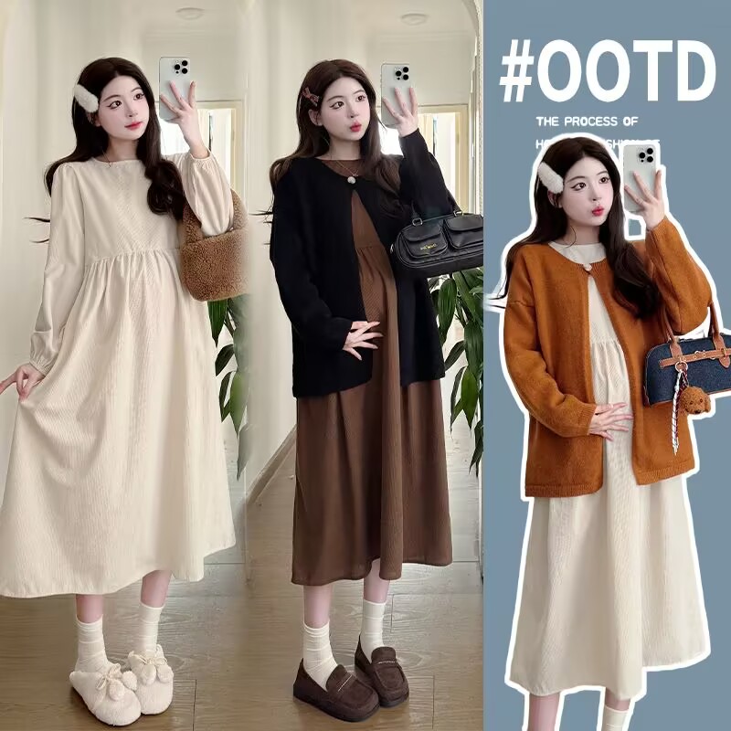 孕妇装连衣裙套装秋冬装新款灯芯绒连衣裙+毛衣外套
