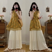 2026新款 上衣杏色半身裙套装 孕妇装 黄色绣花无袖 夏装 现